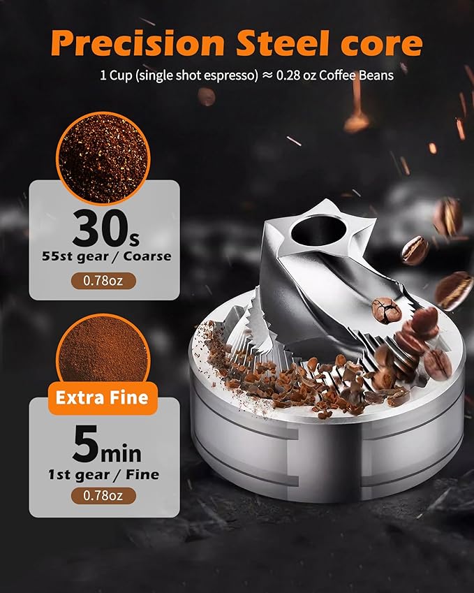 Manual Coffee Grinder with Stainless Steel Burr - 22g Capacity Handheld Mill for Espresso, with 55 Adjustable Settings & Quiet -Extra Fine - Portable Coffee Bean Grinder for Home use