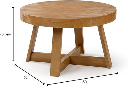Plank+Beam Classic Round Coffee Table, 30 Inch Farmhouse Coffee Table, Rustic Mini Center Tables for Small Spaces, Small Living Space Tea Table, Pecan Wirebrush