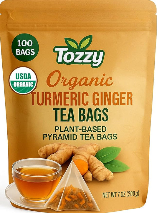 Tozzy Organic Turmeric Ginger Tea - 100 Count | Pyramid Tea Bags (Plant-Based & Eco-conscious) | Pure Ingredients | Packaging May Vary