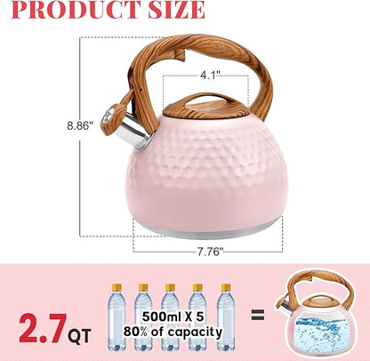 GGC Tea Kettle for Stove Top, Loud Whistling Kettle for Boiling Water Coffee or Milk, 3.1 Quart 3L Heavy Stainless Steel Pink Kettles with Wood Pattern Handle, Unique Button Control Kettle Outle