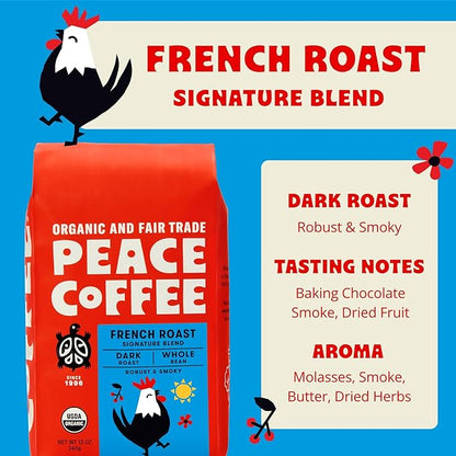 Peace Coffee French Roast | 20 oz Ground Dark Roast | Organic Fair Trade | Soft, Gentle Flavor | Shade Grown, Fresh Roasted