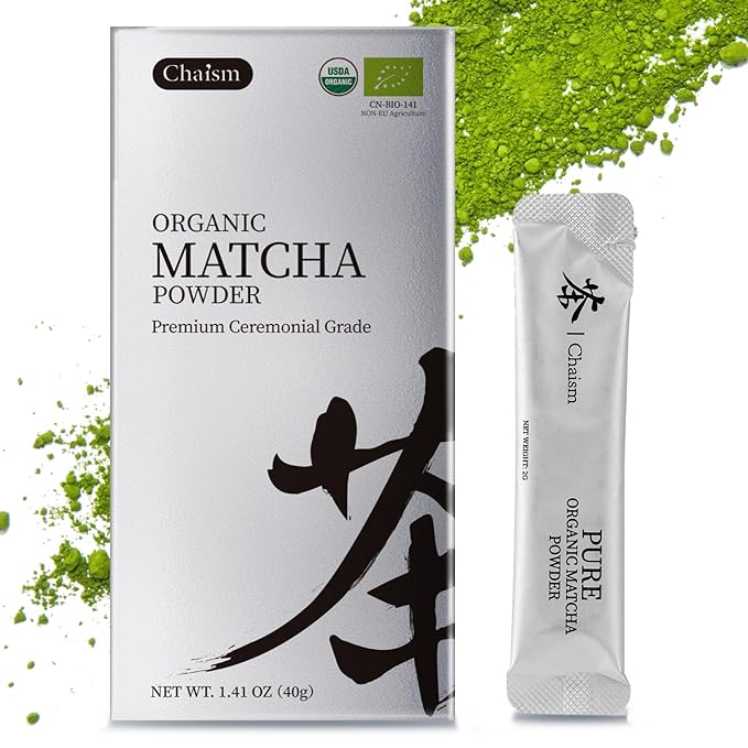 Chaism Ceremonial Grade Matcha Green Tea Powder - 20 Single Serve Packets, Premium First Harvest USDA Organic Gluten-Free Vegan, 100% Pure (20 Packets)