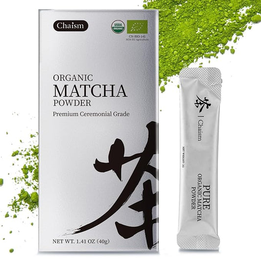 Chaism Ceremonial Grade Matcha Green Tea Powder - 20 Single Serve Packets, Premium First Harvest USDA Organic Gluten-Free Vegan, 100% Pure (20 Packets)