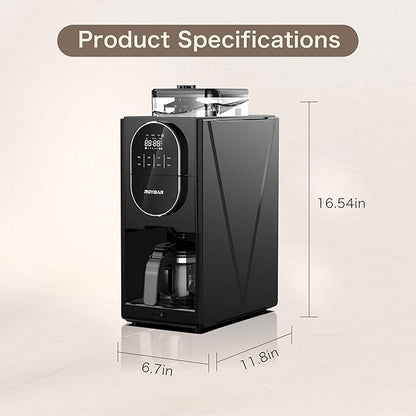 Coffee Maker with Grinder, Programmable Hot and Cold Coffee Maker with 22 oz Glass Carafe, Adjustable Fully Automatic grind and brew Coffee Machine with Timer, Black Americano Iced Coffee Machine