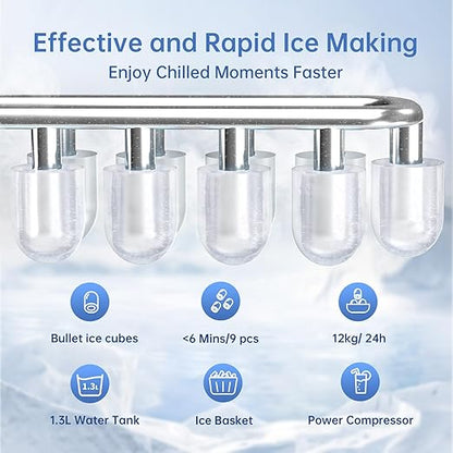 WIE Countertop Ice Maker, 26lbs/24H Portable Ice Machine with Handle,9 Bullet Ice Cubes in 6 Mins,Self-Cleaning Compact Icemaker with Selectable Ice Size for Home Kitchen/RV/Camping/Party, Black
