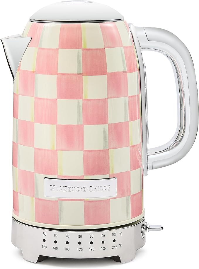 MACKENZIE-CHILDS Electric Kettle, Stainless-Steel Tea Kettle, Pink-and-White Rosy Check
