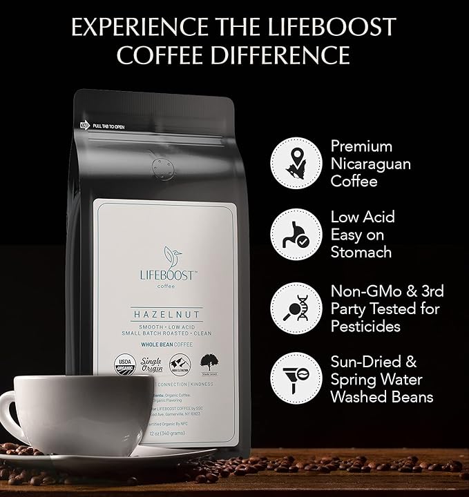Lifeboost Hazelnut Whole Bean Coffee – Organic, Low Acid, Non-GMO Hazelnut Flavored Coffee – Single Origin, Mold-Free Mycotoxin Tested, 12 oz