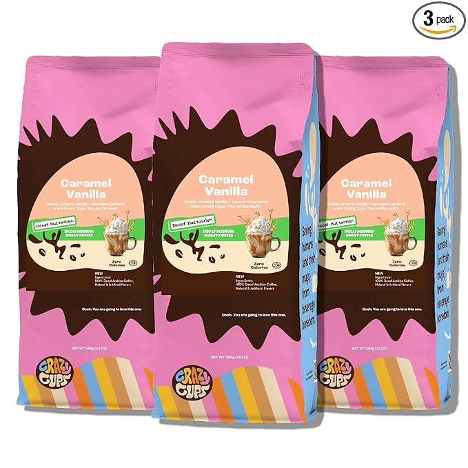 Crazy Cups Decaf Flavored Ground Coffee, Caramel Vanilla, in 10 oz Bags, For Brewing Flavored Hot or Iced Decaf Coffee, 3 Pack
