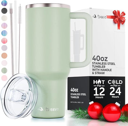 40 oz Tumbler With Handle and Straw Made of Stainless Steel - Double Wall Vacuum Insulated Tumbler With Lid - Sweat Proof Easy Grip, BPA-Free, Dishwasher Safe Tumbler (Sea Sage)