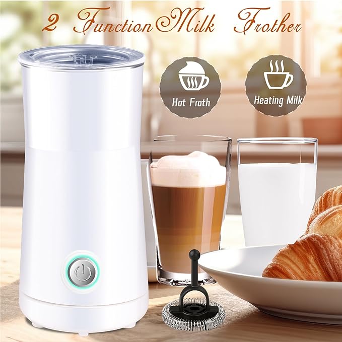 Simple Milk Frother, 2 in 1 Milk Steamer and Frother, Electric Milk Steamer, Milk Warmer and Hot Milk Foam Maker for Latter, Macchiato, Cappuccinos (White)