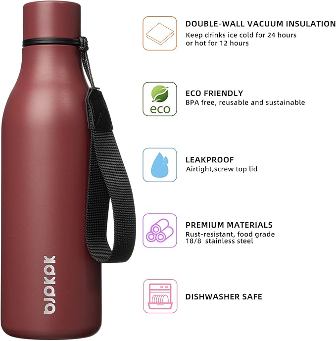 BJPKPK Insulated Water Bottles, 18 oz Stainless Steel Metal Water Bottle with Strap, BPA Free Leak Proof Jugs, Mugs, Flasks, Reusable Thermal Flasks for Sports & Travel, Brick Red