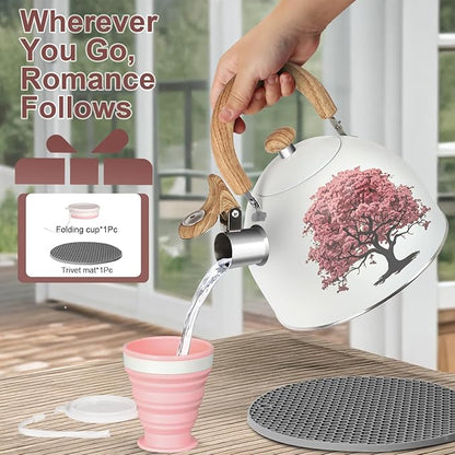 ARC Stainless Steel 2-Quart Whistling Milk White Tea Kettle with Magic Color Changing Design, Stovetop Teapot With Folding Cup & Trivet Mat