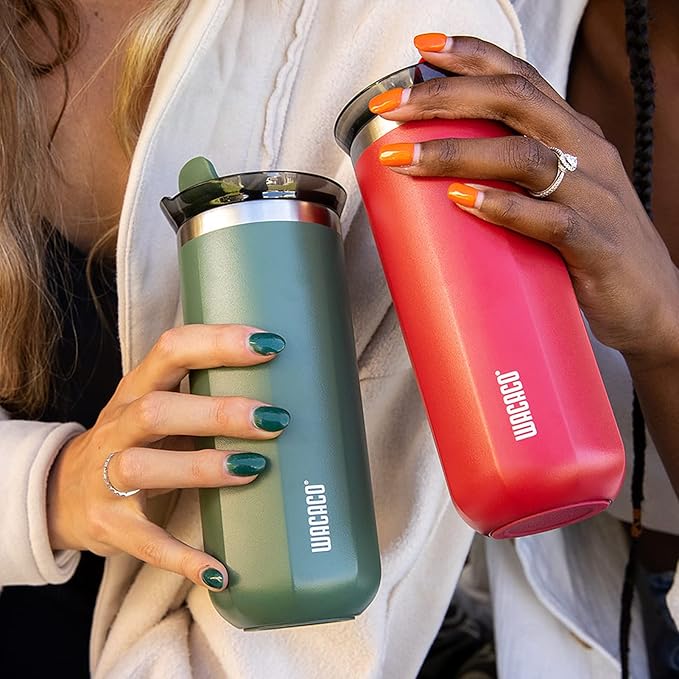 WACACO Octaroma Grande Vacuum Insulated Coffee Mug, 15 fl oz (435ml), Double-wall Stainless Steel Travel Tumbler With Drinking Lid, Pomona Green