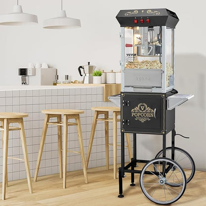 VEVOR Popcorn Maker with Cart, 850W Popcorn Popper Machine, 8 Oz Kettle Makes 48 Cups per Batch, Popcorn Maker Equipped with Tempered Glass, Includes 4 Scoops, Movie Theater Style, Black