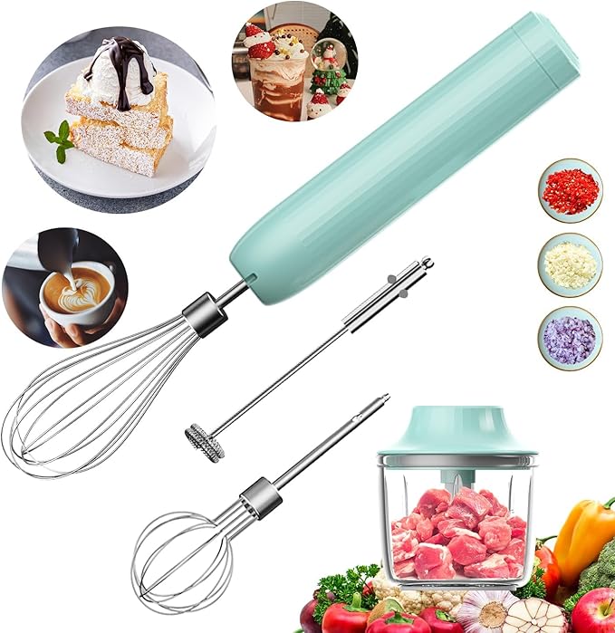 Hand Mixer with Whisk and Forther Wand,Electric Whisk, Milk Frother, Hand Held Mixers,Cordless Hand Mixer, Whisks for Cooking, Mini Mixer,Stirrers Electric,Food Chopper, Baby Food Maker,4-Speed, 10Oz