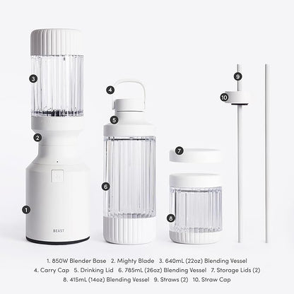 Beast Mighty 850 Plus | Premium Compact Personal Blender | Smoothies, Shakes, Dressings, Sauces | Blends Ice and Frozen Fruit | New XL Vessel | Extra Vessels, Lids and Straws | 850W (Cloud White)