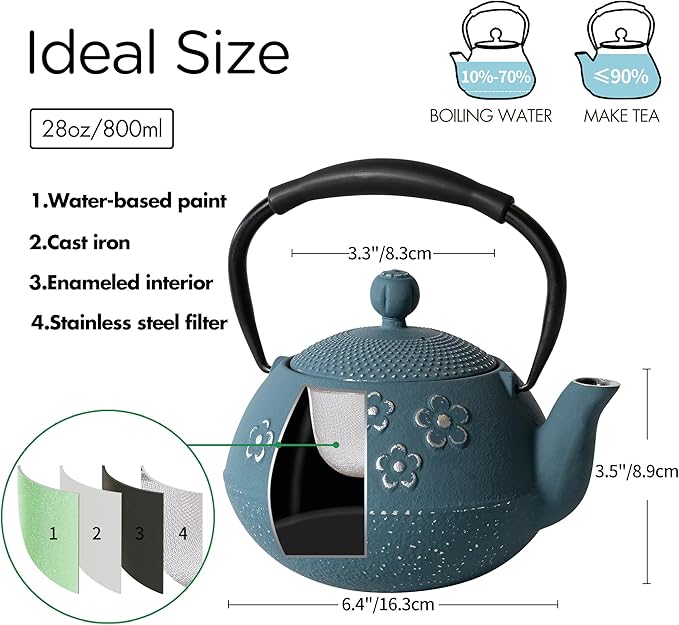 Cast iron Teapot, Tea Kettle for Stovetop Safe with Stainless Steel Infuser, Japanese Hand-made Plum Blossom Design Tea Pot Coated with Enameled Interior for 28oz, 800ml Blue