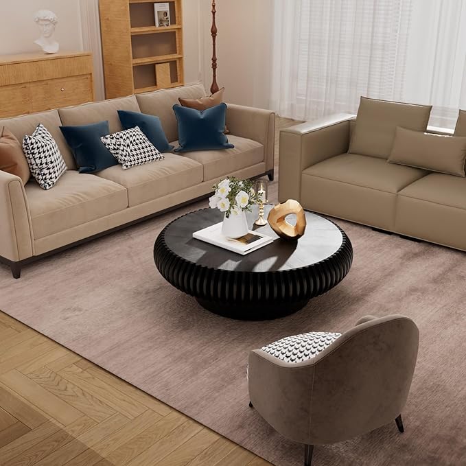 Round Fluted Coffee Table Modern Handcraft Drum Coffee Table with Sturdy Pedestal 39.37" Farmhouse Center Table Tea Table for Living Room, Reception Room, Entertainment Room (Black 39.37")