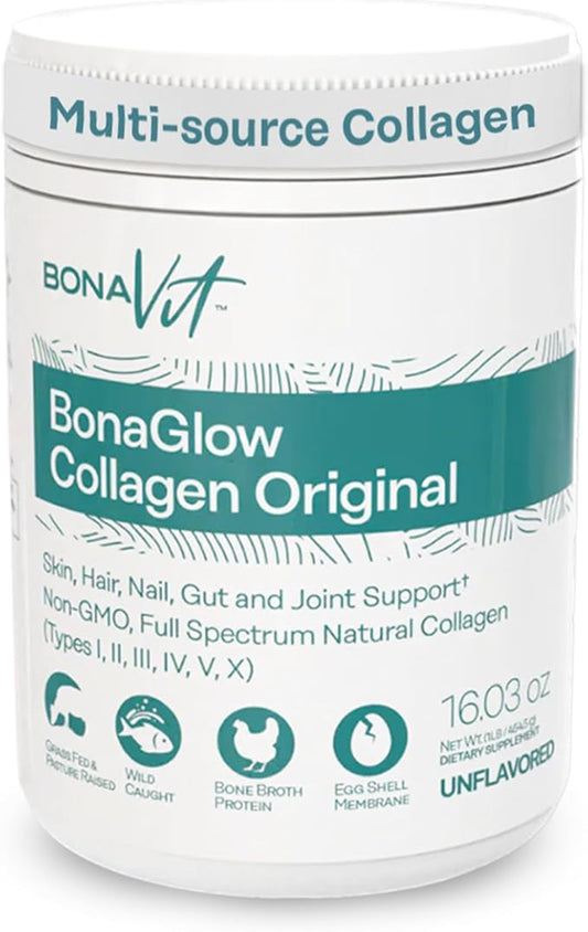 BonaGlow - Multi-Source Hydrolyzed Collagen - Powder Extract - 44 Servings - with Vitamin C, Probiotics, and Digestive Enzymes - Sugar-Free and Non-GMO - Paleo-Friendly - Skin, Nails, Hair