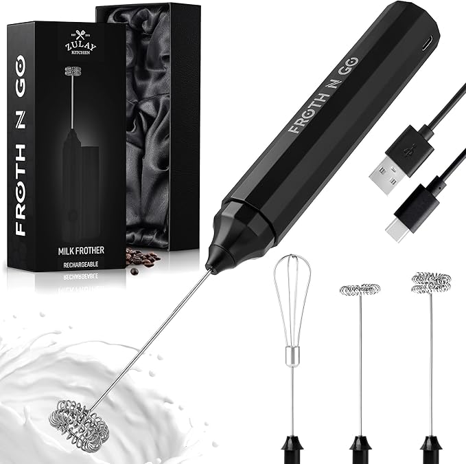 Zulay Froth N Go Milk Frother Rechargeable - 3-in-1 Frother Wand With Case & USB-C Charger - Comes With 3 Whisk Attachments for Latte, Cappuccino, Matcha, Protein Shakes - Black