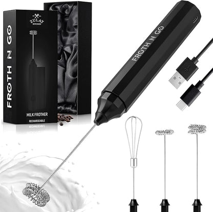 Zulay Froth N Go Milk Frother Rechargeable - 3-in-1 Frother Wand With Case & USB-C Charger - Comes With 3 Whisk Attachments for Latte, Cappuccino, Matcha, Protein Shakes - Black