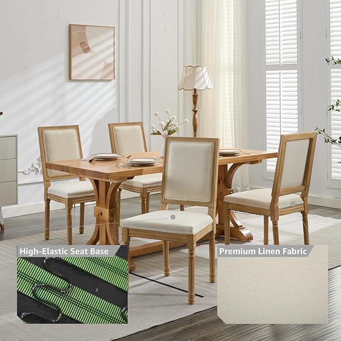 French Country Dining Chairs Set of 4, Beige Square Back Dining Chairs with Linen Upholstered Seat, Solid Wood Legs, Farmhouse Kitchen & Dining Room Chairs, Sillas De Comedor (Beige, 4Pcs)