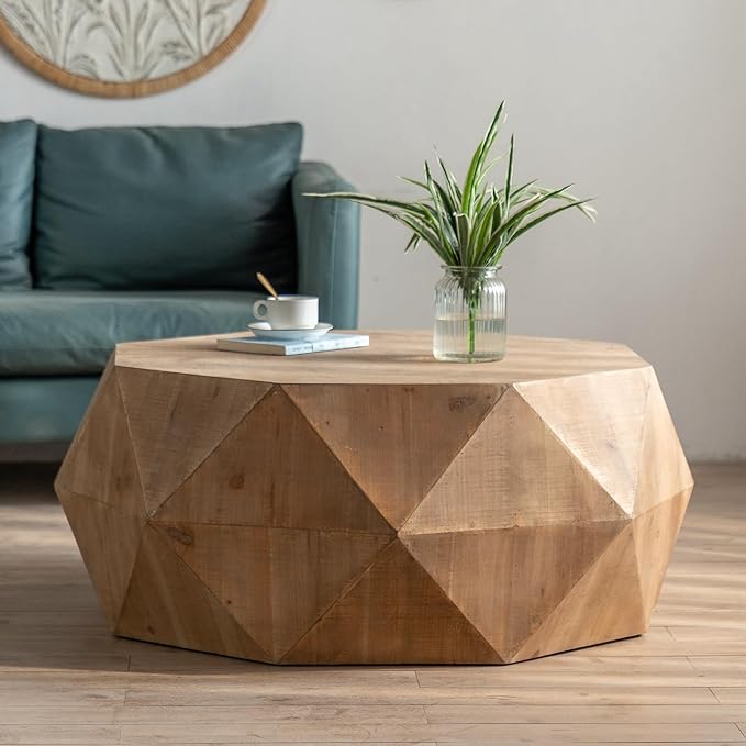 38" Modern Farmhouse Coffee Table, Drum Coffee Table for Office, Dining Room and Living Room, Nature