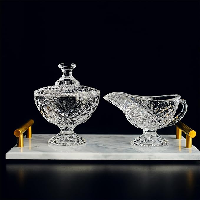 Crystal Cream and Sugar Set Glass Creamer Server Sugar Bowl with Lid Coffee Server Set Mother's Day Gifts for Women Mum Table Decortion for Home Wedding Party