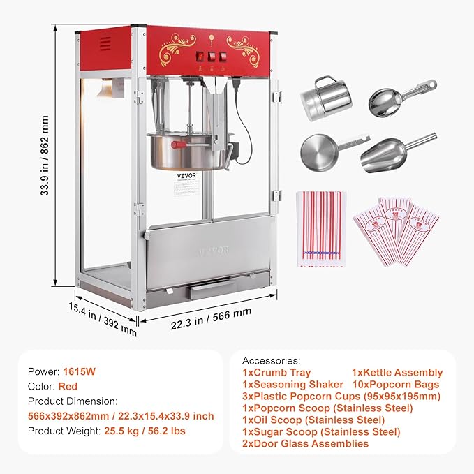 VEVOR Popcorn Maker, 1615W Popcorn Popper Machine, 16 Oz Kettle Large Capacity Countertop Popcorn Maker with Tempered Glass, Includes 3 Stainless Steel Scoops, Movie Theater Style, Red