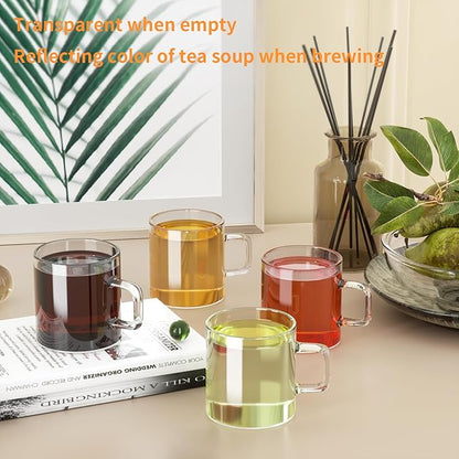 Glass Coffee Mugs Set of 4, 10 oz/300ml Large Coffee Mug, Wide Mouth Mugs with Clear Handle, Mocha Hot Beverage, Glass Cup Set for Hot or Cold