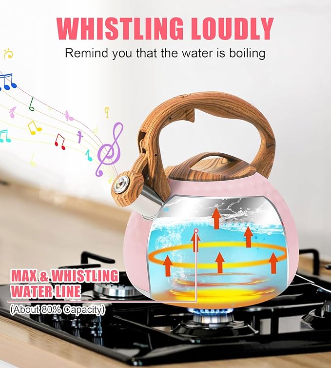 Whistling Tea Kettle,3.2Qt Stainless Steel Stove Kettle, Food Grade Teapot with Wood Pattern Handle for Coffee, Milk etc, Gas Electric Applicable (Pink)
