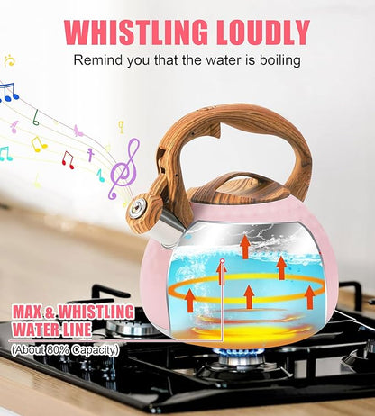 Whistling Tea Kettle,3.2Qt Stainless Steel Stove Kettle, Food Grade Teapot with Wood Pattern Handle for Coffee, Milk etc, Gas Electric Applicable (Pink)