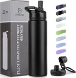 Load image into Gallery viewer, DOMICARE Insulated Water Bottle, 22 oz Vacuum Insulated Stainless Steel Reusable Sports Bottle with Straw Lid &amp; Spout Lid for Travel, Camping, Bike, Leakproof, Black, 1 Pack…