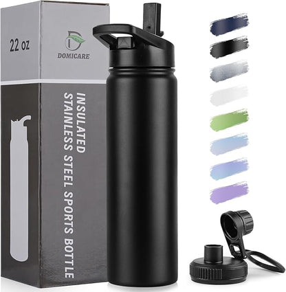 DOMICARE Insulated Water Bottle, 22 oz Vacuum Insulated Stainless Steel Reusable Sports Bottle with Straw Lid & Spout Lid for Travel, Camping, Bike, Leakproof, Black, 1 Pack…