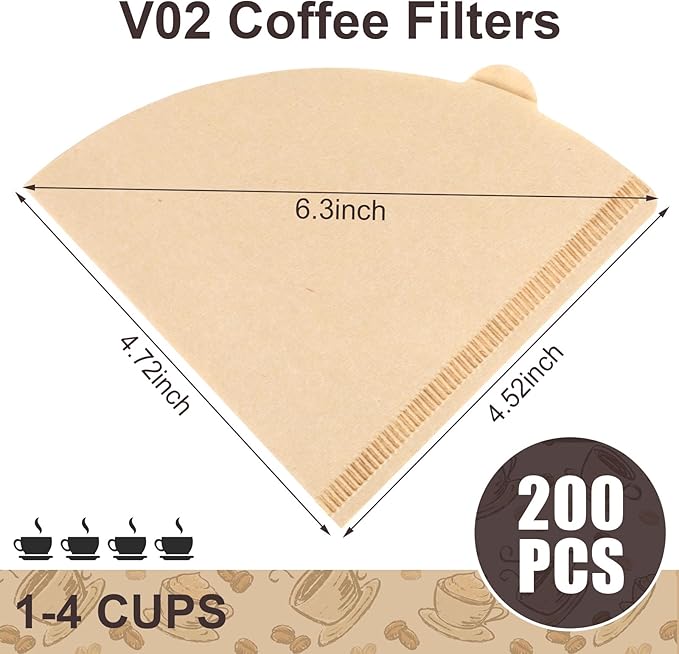 200 Count Cone Coffee Filters, Size 02 Natural Brown Pour Over Coffee Filters Paper, V02 Unbleached Disposable Paper Filters Compatible with Pour Over and Drip Coffee Maker(2-4 Cups)