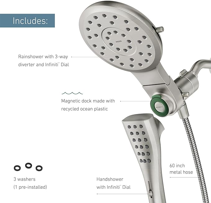 Moen Verso Spot Resist Nickel Round Rain Shower Head and Detachable Handshower Combination with Magnetix Docking System and 60-inch Metal Hose, 220C2SRN
