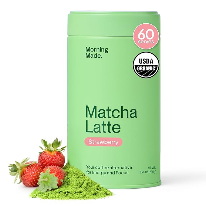 Morning Made Strawberry Flavoured Ceremonial Grade Matcha Powder | 8.46oz (240g) Resealable Tin | 60 Servings Premium Japanese Green Tea | Sweetened with Organic Sugar | Rich in Antioxidants & Energy Boosting