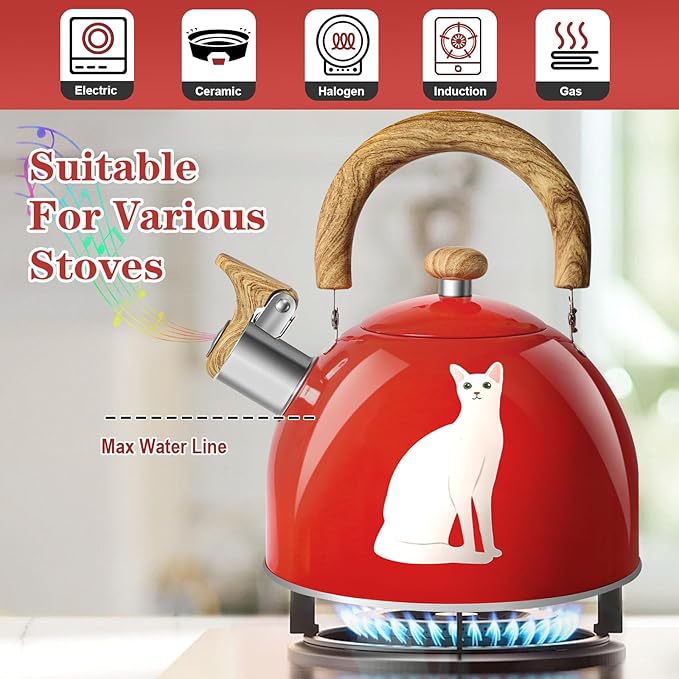 ARC Stainless Steel Red Whistling Tea Kettle, Magic Color Changing Design 2-Quart Stovetop Kettle Whistle Teapot with Folding Cup & Trivet Mat