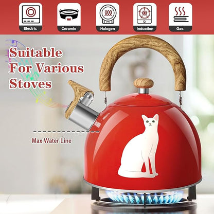 ARC Stainless Steel Red Whistling Tea Kettle, Magic Color Changing Design 2-Quart Stovetop Kettle Whistle Teapot with Folding Cup & Trivet Mat