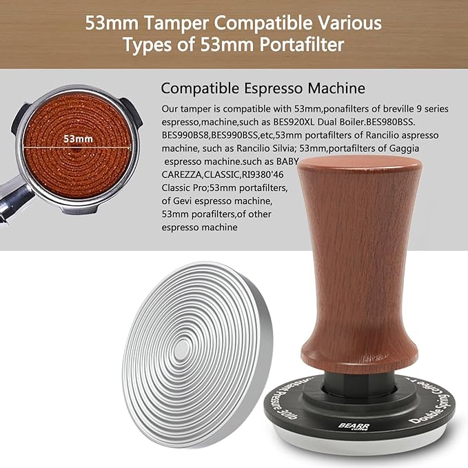 Espresso Coffee Tamper 58.35mm,Ebony Double Spring Coffee Tamper Spring Loaded,100% Stainless Steel Ripple Base,Constant 30lb,Compatible Coffee Machine Accessories (53mm)
