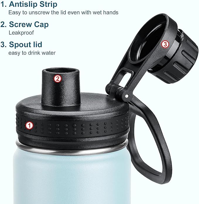 koodee Small Water Bottle 12 oz Stainless Steel Vacuum Insulated Wide Mouth Water Bottle with Leakproof Spout Lid（Bby Blue）