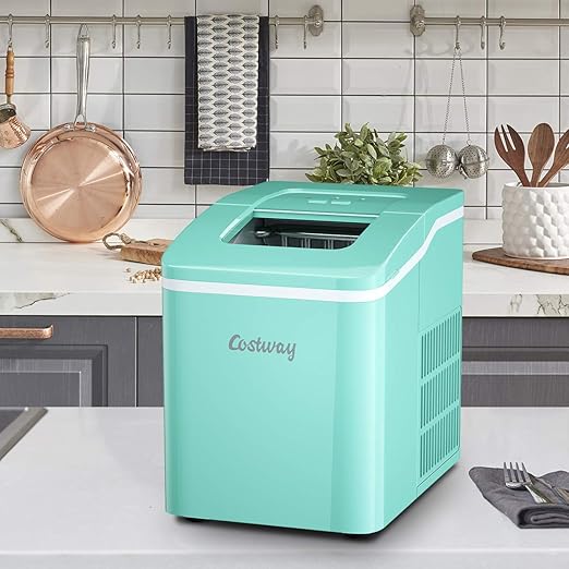 COSTWAY Countertop Ice Maker, 26Lbs/24H Portable Ice Machine with Self-Cleaning Function, Bullet Ice Cubes Ready in 8 Mins, Scoop and Removable Basket,Ice Maker for Home Party Bar, Green