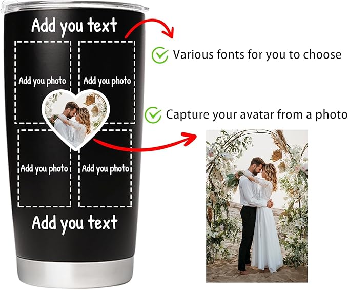Personalized Tumbler with Pictures Text, Custom Photo Stainless Steel Coffee Tumbler, Coffee Travel Mug Cup 20 Oz Custom Gifts for Fathers Day Christmas Birthday for Dad Mom Kids