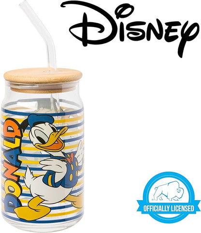 Silver Buffalo Disney Mickey and Friends Donald Duck Blue and Yellow Stripes Glass Jar Tumbler with Bamboo Lid and Glass Straw, 16 Ounces