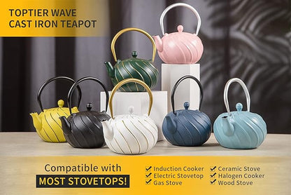 Tea Kettle, TOPTIER Japanese Cast Iron Teapot with Infuser, Cast Iron Tea Kettle Stovetop Safe, Wave Design Teapot Coated with Enameled Interior for 30 Ounce (900 ml), Midnight Black