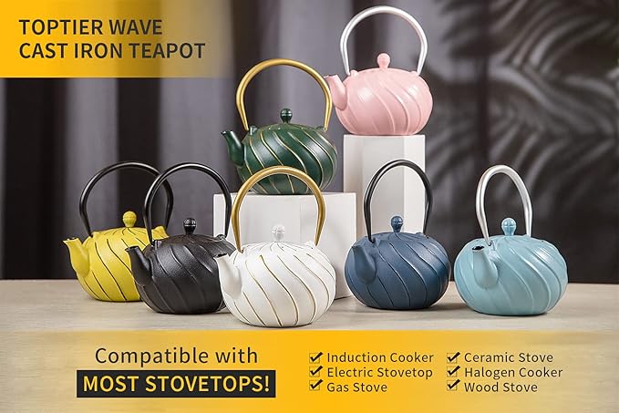 Tea Kettle, TOPTIER Japanese Cast Iron Teapot with Infuser, Cast Iron Tea Kettle Stovetop Safe, Wave Design Teapot Coated with Enameled Interior for 30 Ounce (900 ml), Midnight Black