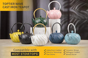 Tea Kettle, TOPTIER Japanese Cast Iron Teapot with Stainless Steel Infuser, Cast Iron Tea Kettle for Stove Top, Wave Design Teapot Coated with Enameled Interior for 30 Ounce (900 ml), Navy Blue