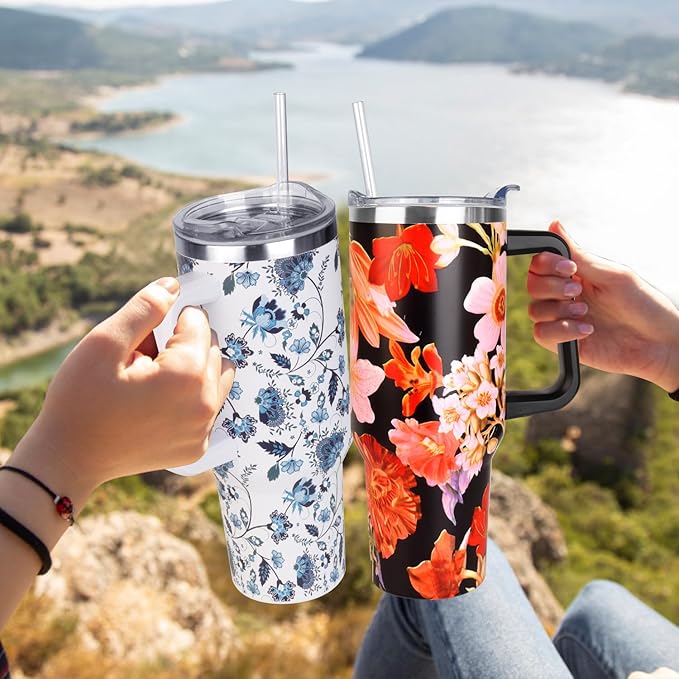 SYACOT 40 oz Tumbler with Handle and Straw Stainless Steel Insulated Tumbler Leak Proof Lid and Straw Lid Reusable Travel Mug Coffee Mug Cup Dishwasher Safe Keep Drinks Cold and Hot (Ceramics)