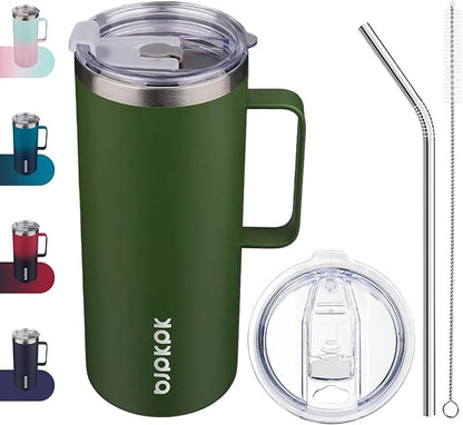 BJPKPK Insulated Coffee Mug with 2 Lids, 32oz Stainless Steel Insulated Tumbler with Handle, Double Wall Vacuum Coffee Cups, BPA Free Travel Mug for Coffee, Tea and Drinks, Forest Green