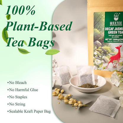 WT WEETEE Decaf Jasmine Green Tea Bags 100 Count, CO2 Decaffeinated Green Tea Infused with Jasmine Aroma | Resealable Kraft Bag | Brew Hot or Iced